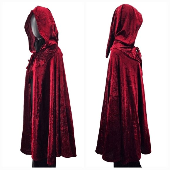 Von Lancelot Hooded Crushed Red Velvet Cape Cloak Halloween 40"L One SZ Costume - Picture 5 of 10